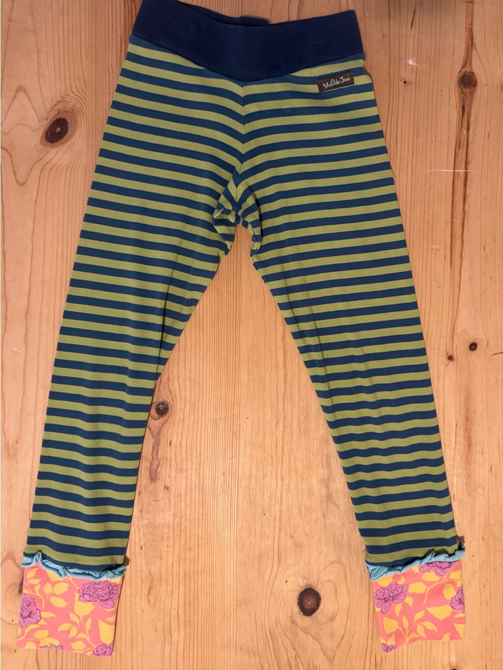MATILDA JANE Green and Blue Striped Kids Leggings with Floral Cuffs